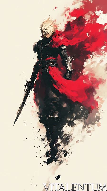 Lone warrior in a red cloak strides through swirling battle.