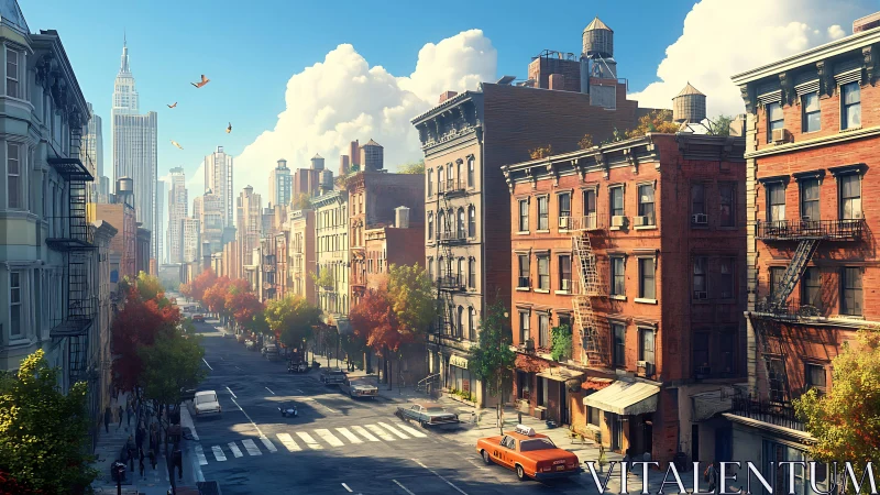 Sunlit autumn avenue with brownstones and distant skyline
