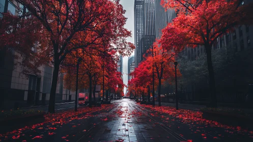 Urban street shows wet pavement and aligned red autumn trees