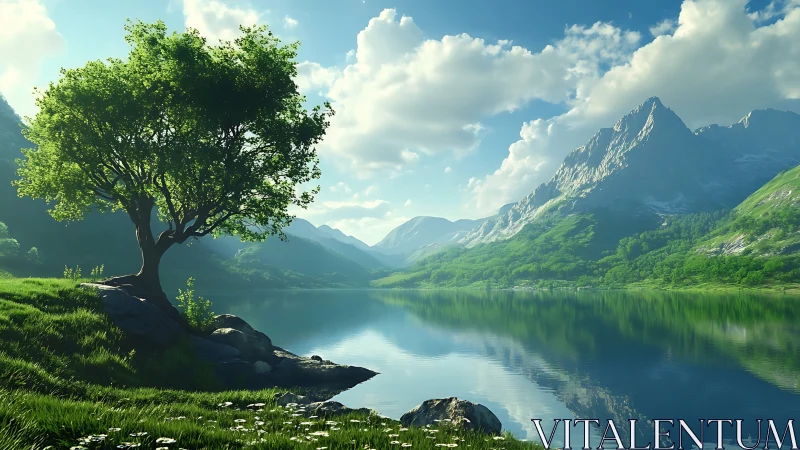 Solitary lakeside tree before alpine mountains in soft daylight