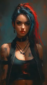 Punk woman with colored hair stares forward in painterly light
