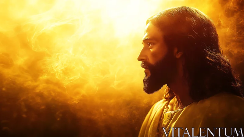 Sacred robed figure in golden radiant light profile portrait.