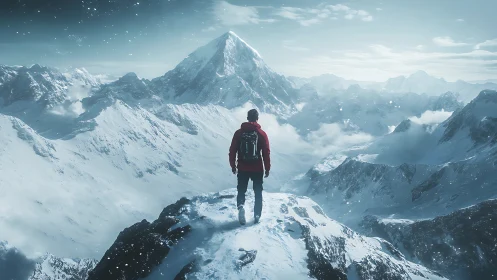 Lone mountaineer surveys vast snowy peaks in icy silence.