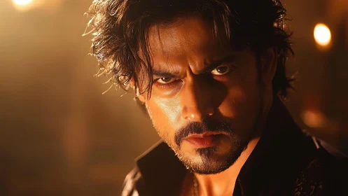 Male subject under strong directional warm key lighting