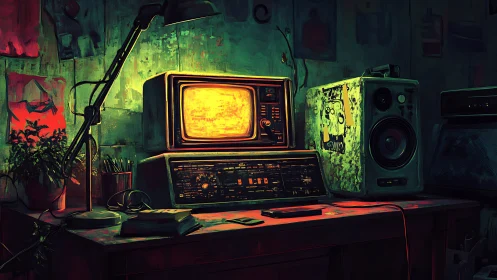 Neon static hums over retro console in moody hacker den.