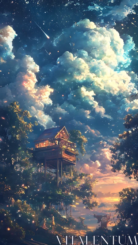 Elevated wooden treehouse cuts into a luminous cloudscape sky
