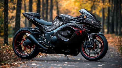 Black sport motorcycle stands on forest road in autumn