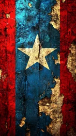 Weathered star emblem on distressed red and blue boards.