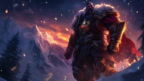 Winter-clad warrior stands proud beneath a blazing twilight sky