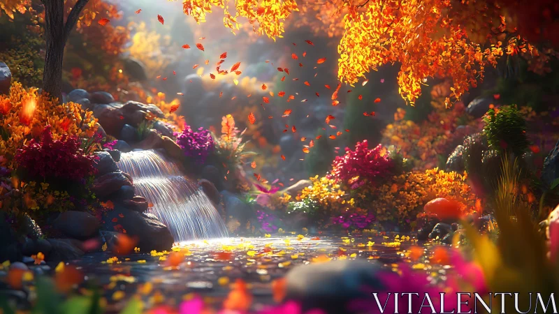 Enchanted autumn waterfall shimmers through glowing forest light