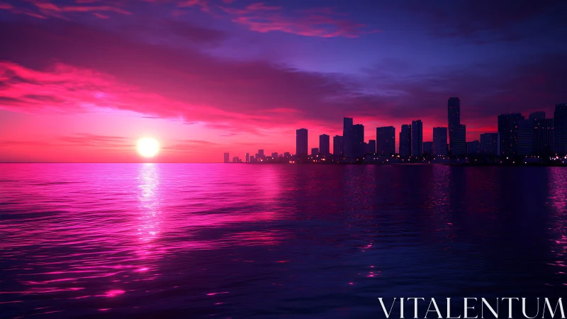 Neon dusk skyline over reflective waterfront in digital painting.