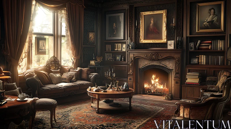 Victorian study interior with ornate fireplace and diffused daylight