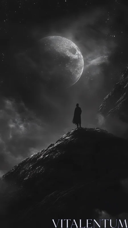 Solitary human silhouette on ridge beneath illuminated moon.