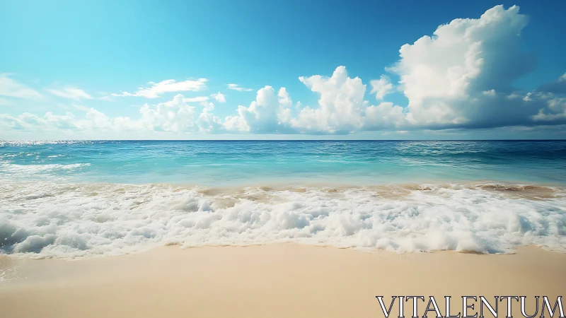 Sunny tropical shoreline with turquoise surf and clouds.