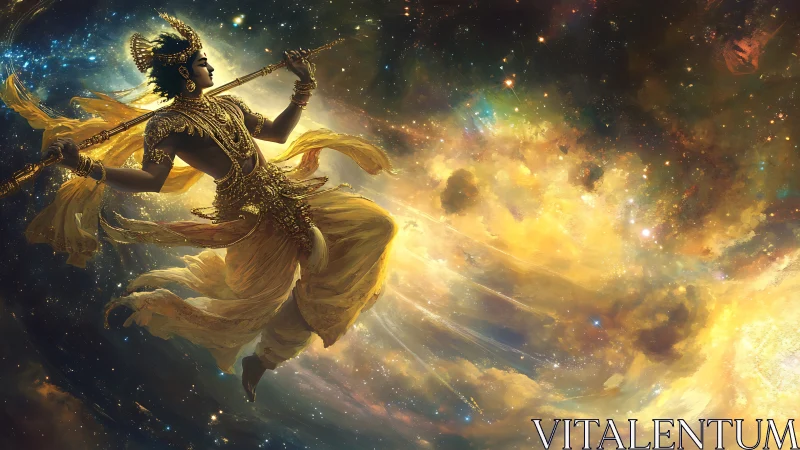 Celestial warrior ascends through swirling cosmic light.