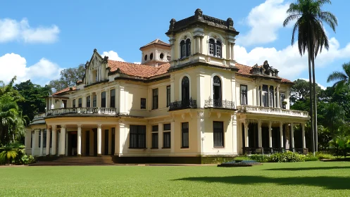 Sunlit mansion leans into the lawn like a poised storyteller