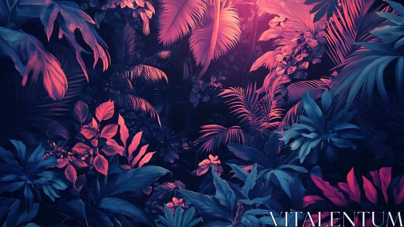 Neon bioluminescent jungle canopy rendered in cinematic gradients
