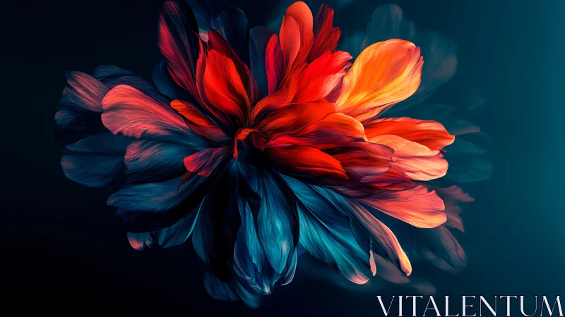 Digital abstract flower with red and blue petals on dark.