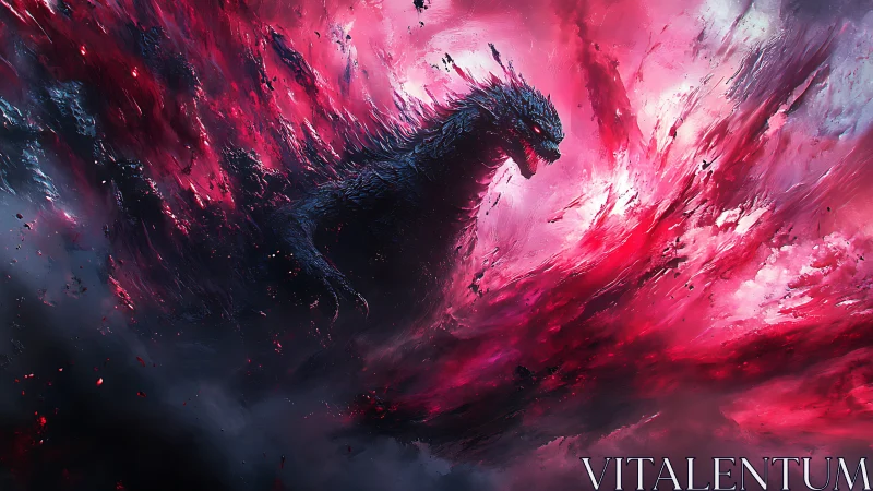 Dark dragon silhouette within violent red energy storm.