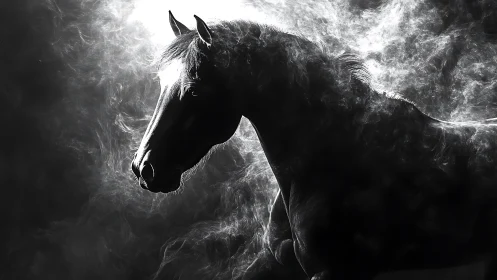 Midnight stallion emerges from swirling spectral smoke