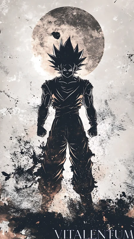 High-contrast ink silhouette of spiky-haired warrior before lunar disk