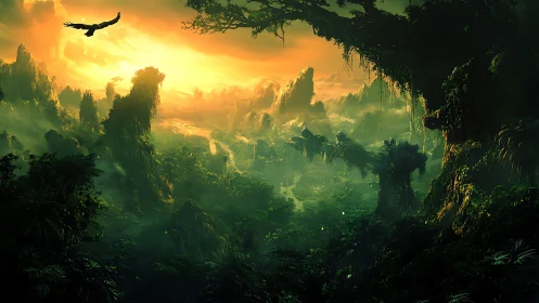 Lush alien jungle valley under vivid golden sunset sky