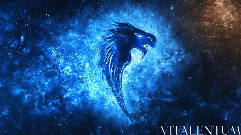 Cosmic blue dragon emblem blazes through nebula void.