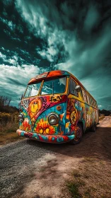 Psychedelic camper van blazes under dramatic storm sky.