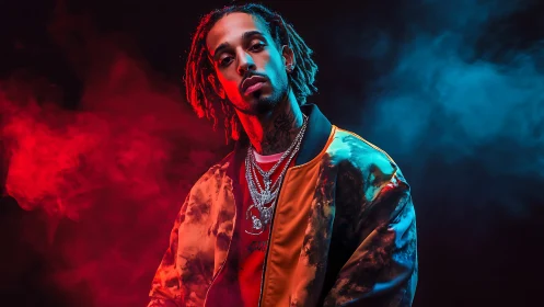 Moody hip hop portrait under red and blue studio smoke.