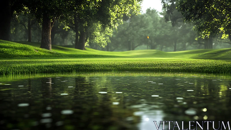 Sunlit park pond and quiet green meadow of soft calm light.