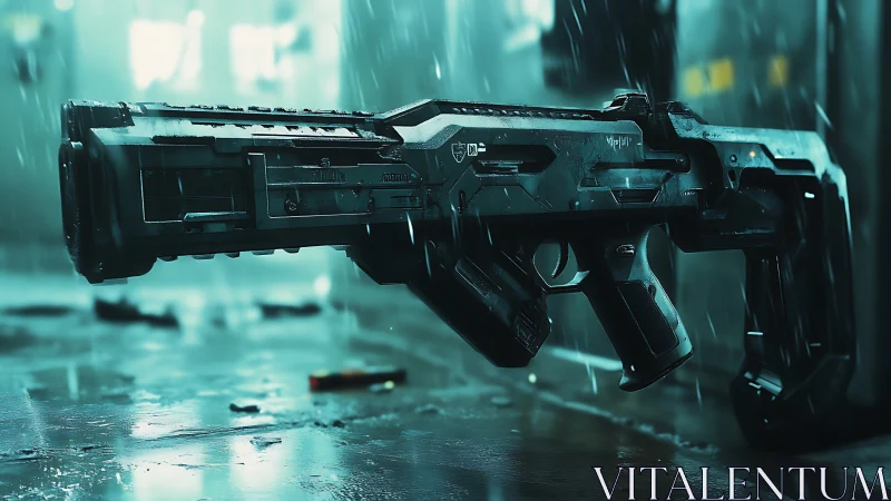 Cyberpunk tactical shotgun render in neon-wet urban bayonet form.