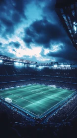 Floodlit football stadium viewed at night under heavy clouds