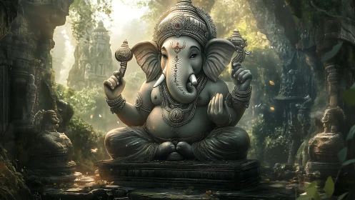 Divine elephant deity sculpture in misty jungle temple light.