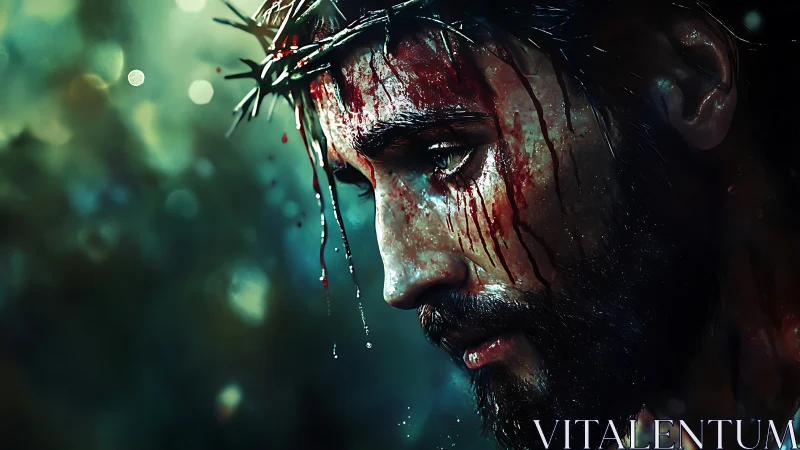 Solemn crowned figure in quiet, rainlit reflection.