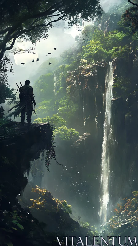 Lone ranger surveys misty jungle canyon and waterfall vista.