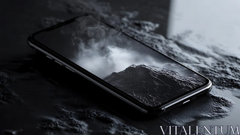 Smartphone lies on wet textured surface with foggy screen image