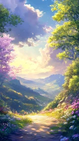 Sunlit mountain path opens toward distant green valley