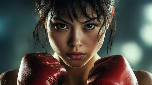 Determined Fighter in Red Boxing Gloves.