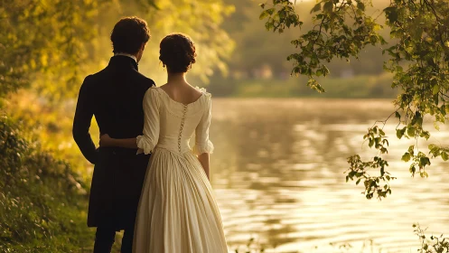 A Couple Shares a Romantic Moment by the Golden River