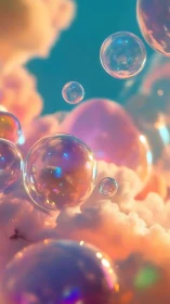Iridescent soap bubbles drifting above pastel clouds.