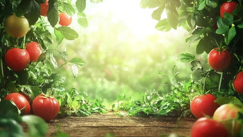 Ripe red tomatoes on garden vines around sunny opening.