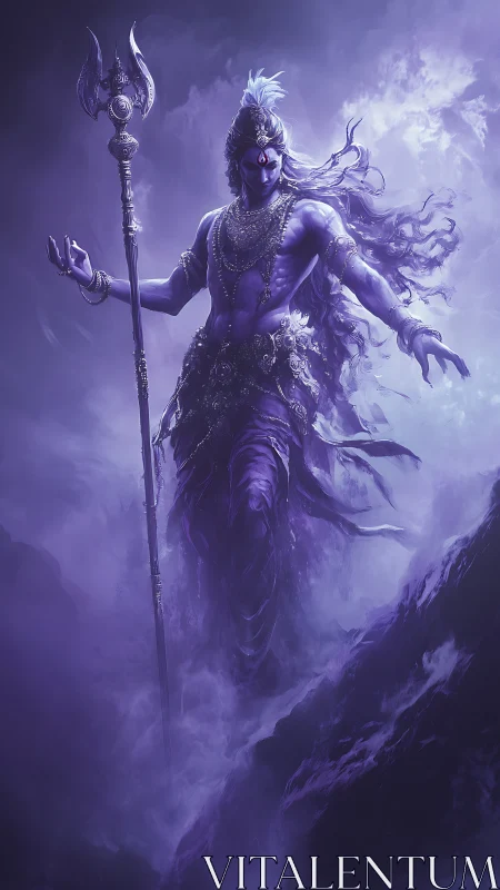 Purple-hued mythic figure with trident stands amid swirling mist