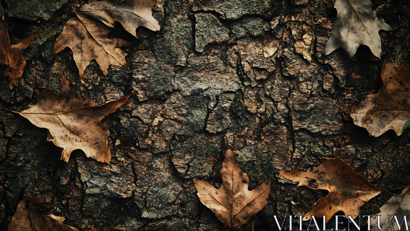 Autumn oak leaves resting on rugged tree bark surface.