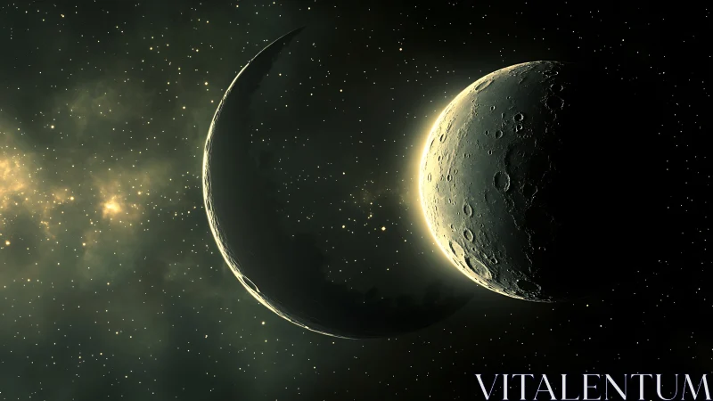 Twin crescent moons drift in a luminous, star-filled void