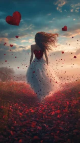 Woman in white dress stands amid crimson field with floating red hearts and dramatic sky