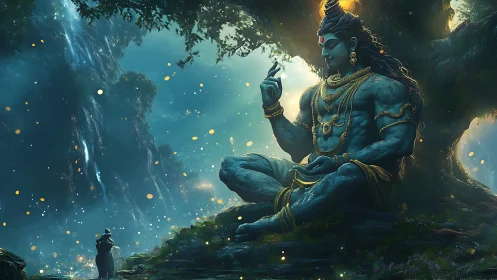 Colossal blue deity meditating beneath luminous ancient tree