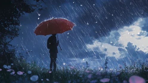 Silhouette with red umbrella stands alone in a stormy rain.