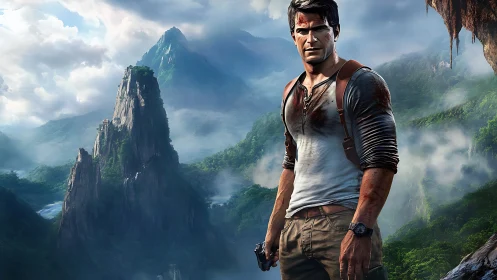 Battle-worn adventurer in misty karst jungle mountain landscape