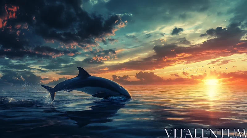 Dolphin arcs through molten sunset seas under stormlit skies.