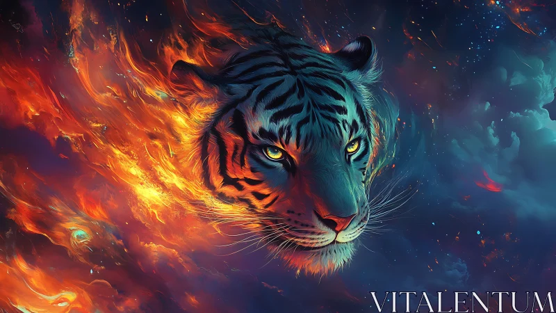 Tiger spirit emerges through cosmic fire and nebula storm.